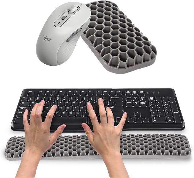 Ergonomic Keyboard and Mouse Wrist Rest Set, Silicone Honeycomb Design, 17.7 x 2.8 x 1 Inches, Non-Deformable Support for Office Gaming Typing (Grey)
