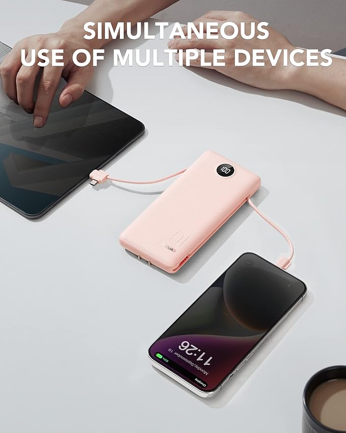 VRURC Portable Charger Built-in Cables and AC Wall Plug,Power Bank 10000mAh | Travel Essentials Phone Charger Compact Lightweight External Battery Pack For Smart Phones, Tablets etc-Pink