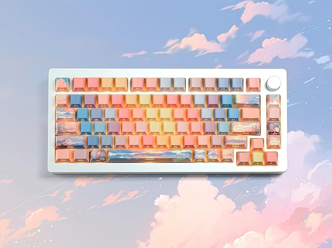 dagaladoo Shine Through keycap Set,Double Shot PBT keycaps 60 75 Percent,dye sub Custom Key caps,Side Printed,Blue/Orange,Cherry Profile Keyboard caps for Machine Keyboard(Sunset)