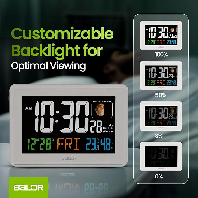 Baldr Digital Alarm Atomic Clock, 7'' Display with Adjustable Brightness | Large Desk Clock Indoor Temperature, Humidity & Moon Phase for Living Room Bedroom, Adapter Powered, White