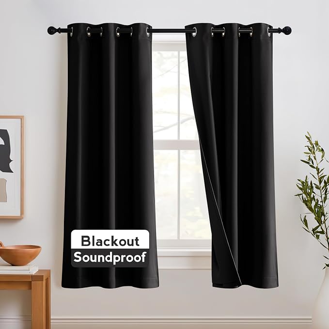RYB HOME Soundproof Curtains for Bedroom - 3 Layers 100% Blackout Noise Cancelling Thermal Insulted Curtains for Small Window Living Room Home Theatre Office, W 42 x L 63 inch, Black, 1 Pair