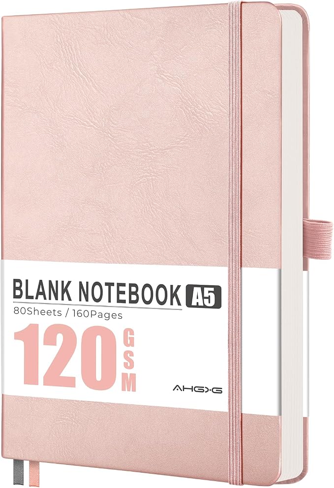 AHGXG Blank Journal Notebook, 160 Pages, A5 Medium Size (5.7'' x 8.3''), 120 GSM Thick Paper, Leather Hardcover, for Sketching, Drawing, Painting (Rose Gold)
