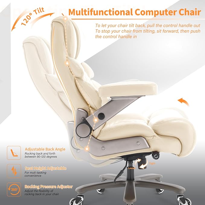 VUZI 700lbs Big and Tall Office Chair, Large Executive Leather Desk Chair | Adjustable Lumbar Support for Back Pain, Plus Size Wheels, 3D Flip Arms, Heavy Duty Metal Base, Wide Seat Computer Chair