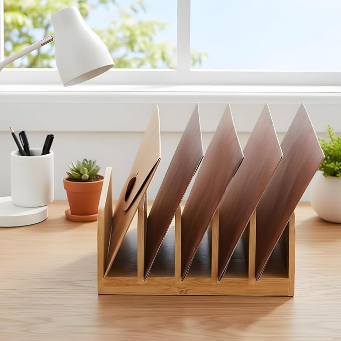 2Pcs Desk Mail Organizer with Divider, Bamboo File Holders, Vertical Letter Sorter for Desktop, Countertop Paper Organizer, 5 Compartments Envelope Holders for Bill, Document, Notebook