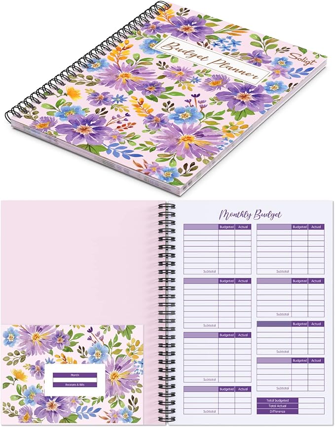 [Undated] Monthly Budget Planner with 12 Bill Pockets for Income, Debt, Saving, Expense and Bill Tracker Organizer, Pink, Floral Design