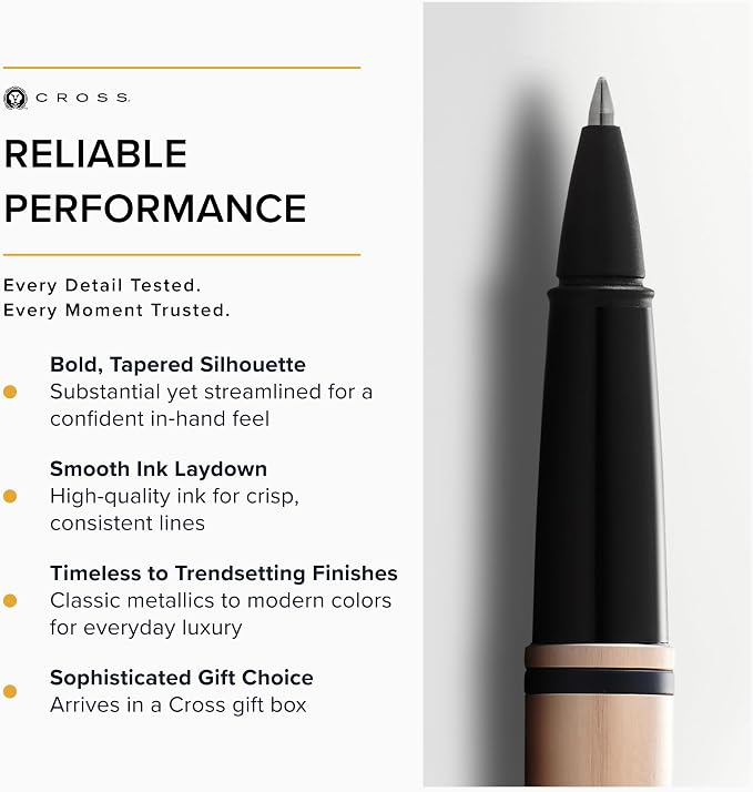 Cross Calais Brushed Rose Gold Plate and Black Lacquer Rollerball Pen - High-End Pen for Everyday Use - Professional Desk Essential - Smooth Writing - Durable Construction - Black Ink