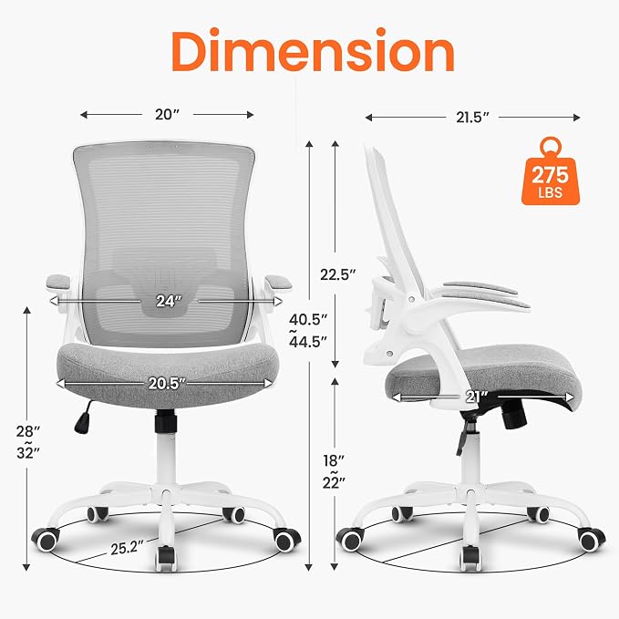 NEO Chair Office Chair High Back Desk Mesh Chair Comfy Computer Gaming Seat with Adjustable Ergonomic Lumbar Rolling Flip-up Armrests and Wheels (Grey)