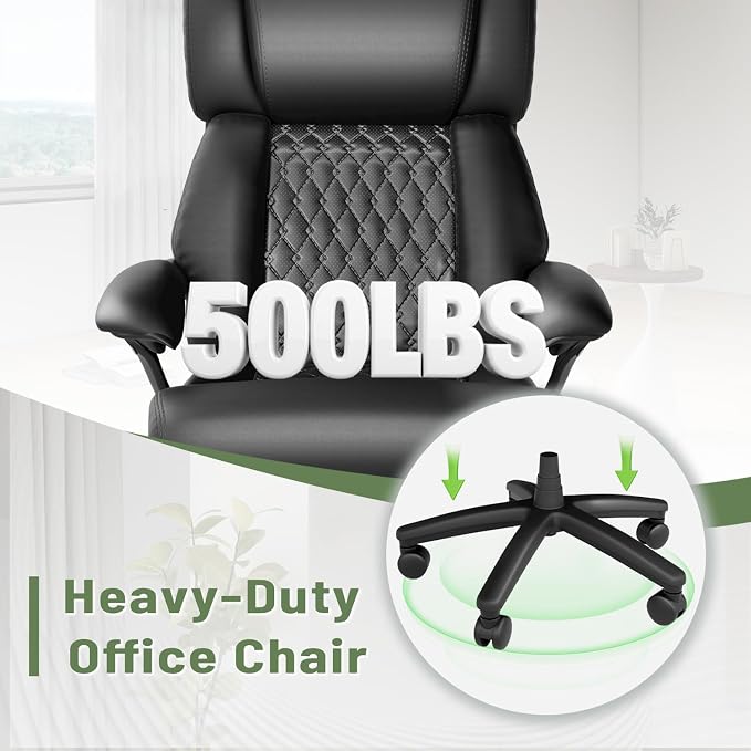 HOMREST 500lbs Big and Tall Office Chair, Ergonomic Heavy Duty Chair with Adjustable Lumbar Support & Backrest, Executive Leather Office Chair with Wide Armrests and Wheels (Black)