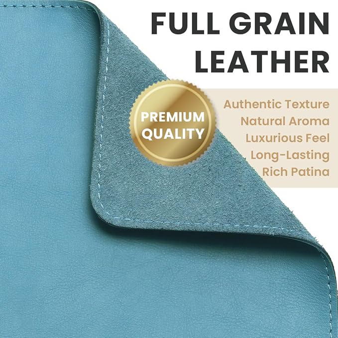 Full Grain Genuine Leather Desk Pad – Sky Blue (L) - Premium Desk Mat with Non-Slip Backing, Thick 3mm, Office Desk Protector for Work & Gaming (Large 27.6 x 11.8 inch)