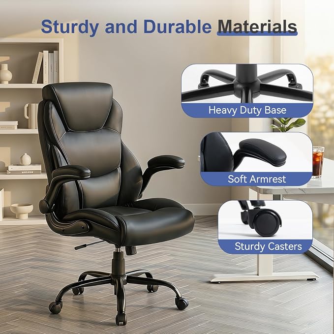 Brage Living Big and Tall Office Chair 400LBS, Heavy Duty Leather Executive Desk Chair with Flip-Up Arms, High Back Swivel Rolling Computer Chair with Rocking Function for Home Office (Black)