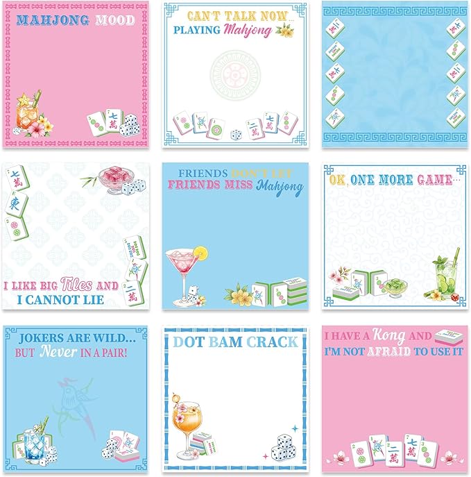 Mahjong Sticky Notes Gifts - 9 Pack Mahjong Notepads 3x3 Inch Gifts for Mah Jong Lovers, Mah Jong Cocktail Memo Pads Office School Supplies for Friends Coworkers (450 Sheets)