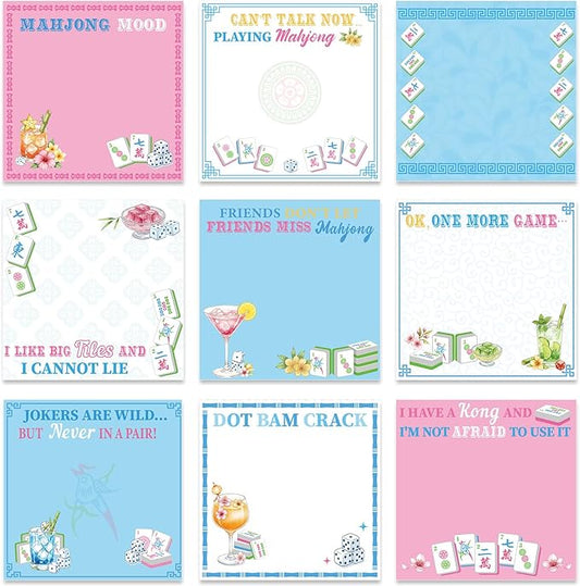 Mahjong Sticky Notes Gifts - 9 Pack Mahjong Notepads 3x3 Inch Gifts for Mah Jong Lovers, Mah Jong Cocktail Memo Pads Office School Supplies for Friends Coworkers (450 Sheets)