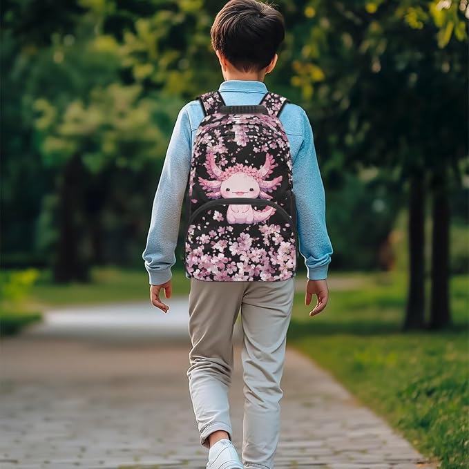 ZFRXIGN Cherry Blossom Axolotl Kids Backpack for Girls Bookbag with Cute Pendant 17inch Elementary School Bag and Insulated Lunch Box Portable Pencil Case Black