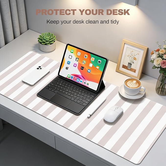 Beige Desk Mat Cute Kawaii PU Leather XXL Large Mouse Pad Striped Pastel Desk Pad Mat Laptop Computer Keyboard and Mouse Mat Home Office Decor for Women Girls