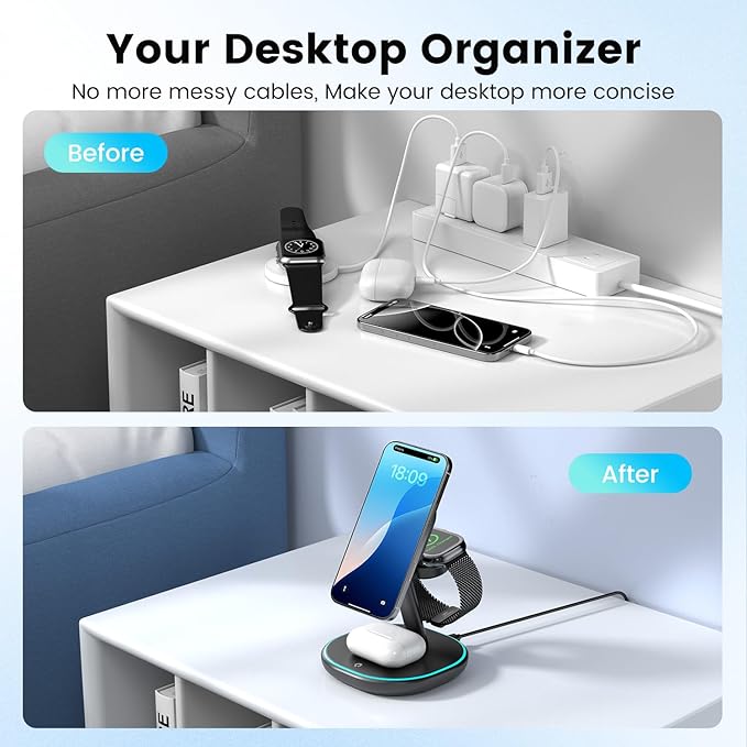3-in-1 Charging Station, 2X Faster 15W Wireless Charging Station for iPhone 16/15/14/13/12, for Apple Watch, AirPods, Magnetic Wireless Charger with Sleep Friendly Light