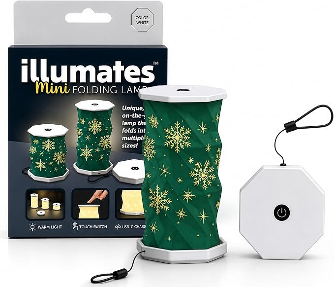 Origami Expanding Foldable LED Desk Lamp – USB Rechargeable & Portable - Dimmable Touch Control Light with Adjustable Height up to 5 1/2 for Office, Bedside - Sleek & Modern Design (Holiday Snowflake)