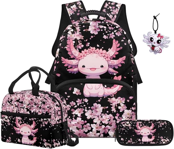 ZFRXIGN Cherry Blossom Axolotl Kids Backpack for Girls Bookbag with Cute Pendant 17inch Elementary School Bag and Insulated Lunch Box Portable Pencil Case Black