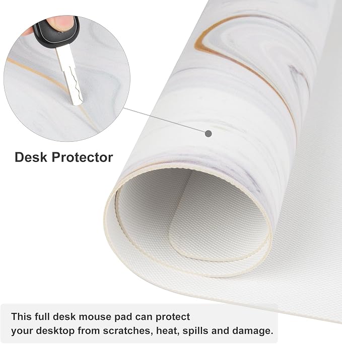QiyI White Mouse Pad, Cute Marble Large Desk Mat, PU Leather Desk Protector Mousepad, Gold Grey Striped Waterproof Computer Keyboard Gaming Mouse Pads, Non Slip Extended Writing Pad 31.5" x 11.8"