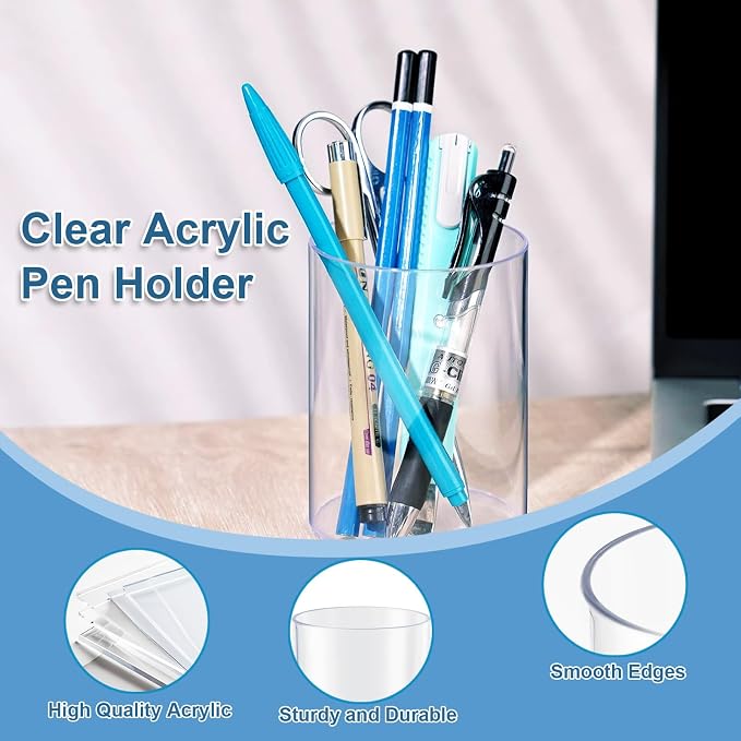 CEYAZYE 10 Pcs Clear Round Acrylic Pencil Holder Pen Pot for Desk | Transparent Makeup Brush Storage Desktop Organiser Stationary Organiser for Home Office School Supplies