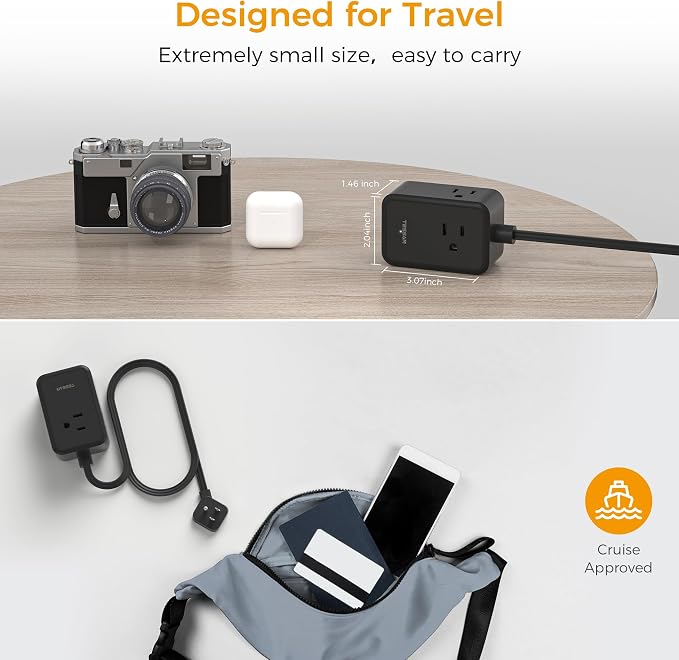 TESSAN Small Flat Plug Power Strip, Ultra Thin Extension Cord 5 ft, 3 AC Outlets with 3 USB Ports (1 USB C), Multiple Wall Outlet Extender for Cruise Travel Office School Dorm Room Essentials, Black