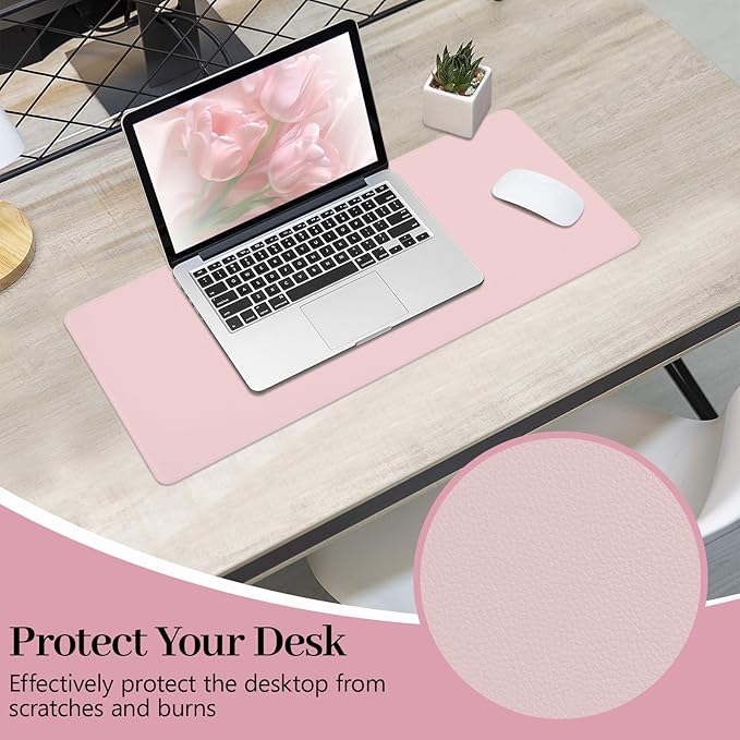 Pink Desk Mat, Leather Desk Pad Protector, Non-Slip Office Computer Mat, Waterproof Desktop Mat for Keyboard and Mouse, Pink Desk Accessories for Women, 23.6"x13.7"