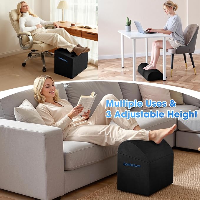 Foot Rest for Under Desk with 3 Heights, Foot Stool, Black | Memory foam adjustable footrest, Ergonomic leg elevation, Non-slip Bottom, Washable Cover, Desk Office Home Car Coach Bed