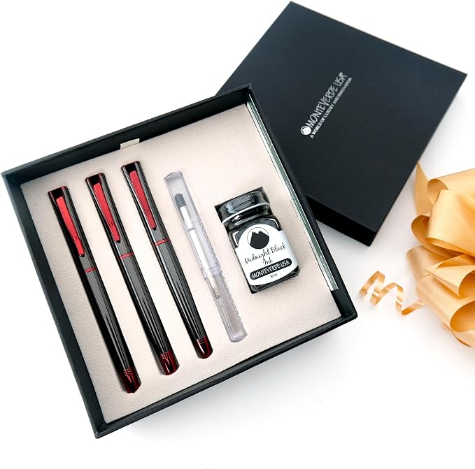 Monteverde USA Impressa 3+2 Piece Set (Fountain, Rollerball, Ball Pen) | Gunmetal/Red | Omniflex Nib | Large Luxury Gift Box with Free Ink & Gel Refill