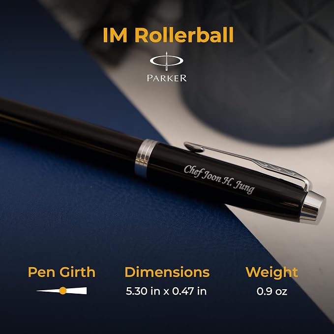 Parker IM Engraved Rollerball Pen, Black with Chrome Trim, Quink Black Ink, Silver Engraving on Cap, Arrow Clip, Gift for Graduation, Career Advancement, Writers, Parker Gift Box