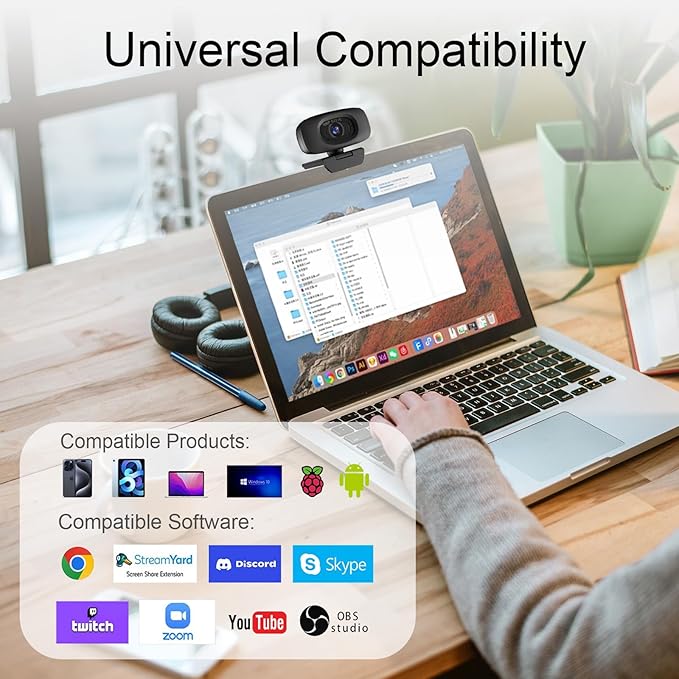 Webcam for PC - PC Camera Webcam 1080P, Desktop Computer Web cam with Privacy Shutter and Tripod Autofocus, Dual Noise-Cancelling Mics,Auto Light Correction, USB Plug&Play
