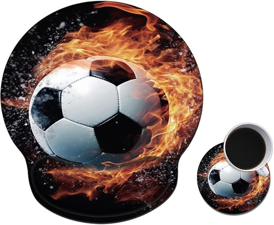 Mouse Pad with Wrist Support Gel, Ergonomic Mouse Pad with Comfortable Wrist Rest, Gaming Mousepad Non-Slip PU Base for Laptop Office Easy Typing & Pain Relief,Fire Football