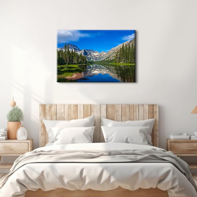 Green Forest Canvas Wall Art Colorado Mountain Lake Wall Decor for Living Room Decorations 32x48", Glacier National Park Nature Landscape Pictures Yosemite Pine Trees Scenery Framed Poster Artwork