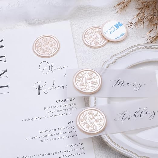 UNIQOOO Wax Seal Stickers - 3D Floral Wedding Invitation Envelope Seal Sticker, 50 Pcs Flower Self- Adhesive Champagne Stickers, Perfect for Invitation, Christmas, Gift Wrapping