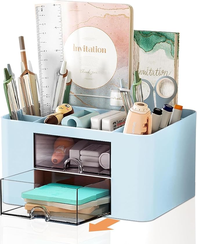 Stationary Organiser 7-Grid Desk Organizer with Drawer – Multifunctional Plastic Table Organizer & Pen Holder for School, Office, and Home (Blue)
