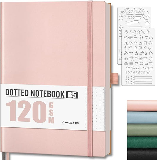 AHGXG Dotted Journal - Dot Grid Notebook Journal, 120 GSM Thick Acid-Free Paper, Large B5 Dotted Notebook 96 Pages, Leather Softcover, Inner Pocket, Journal Stencil, 7.6'' X 10'', Rose Gold