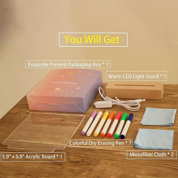 5.9 x 5.9 Inch Warm LED Message Memo Note Board with Colors, Clear Acrylic Desktop Light Up Dry Erase Drawing Writing Board with Stand