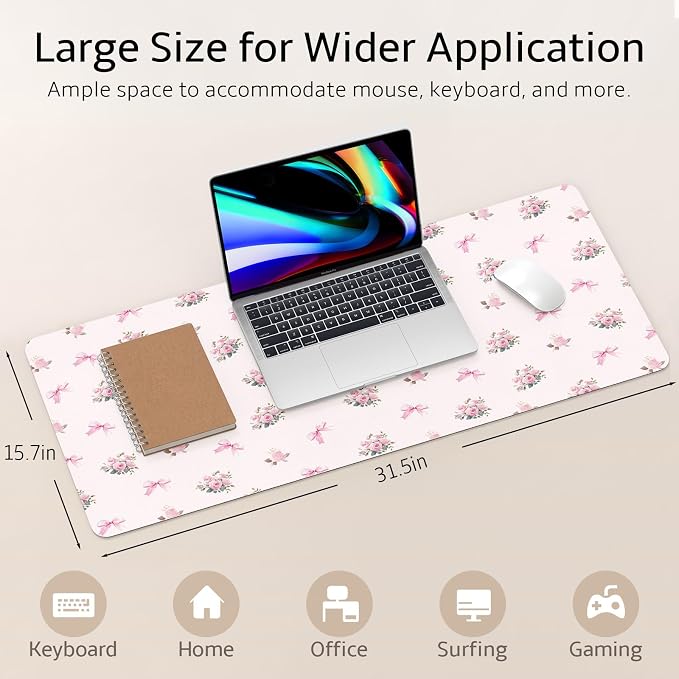 Mouse Pad Leather Desk Mat Large Keyboard Cute Office Desktop Computer Laptop XXL Long Big Aesthetic Modern Design Women Girls Gaming Gamer Oversized Wide Mousepad 31.5"x15.7", Bow Rose