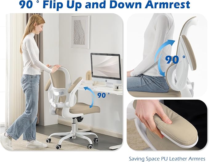 TRALT Ergonomic Office Chair - Desk Chair with Adjustable Lumbar Support Computer Chair - Mesh Comfy Chair with Flip-up Armrests - Gaming Chairs for Adults Home Office (PU Leather, Khaki)