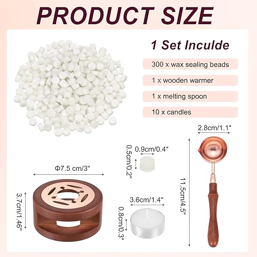 PATIKIL Wax Seal Kit, 300 Pcs Wax Sealing Beads, Wooden Warmer, Melted Spoon, 10 Pcs Tealight Candles for Envelope Letter Mailing Crafts DIY, Pearl White