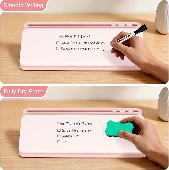 WALGLASS Small Desktop Whiteboard with Storage, Glass Desk Dry Erase White Board Computer Keyboard Stand with Drawer, Desk Organizers with Accessories for Office, Home, School Supplies Pink