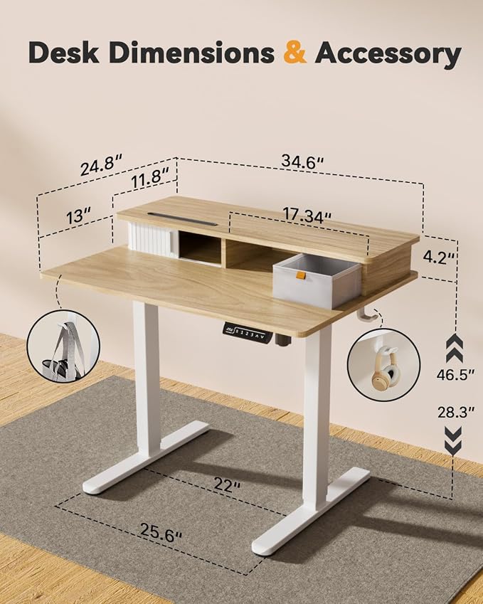 JOY worker 35" Small Electric Standing Desk with Monitor Stand & Drawer | Light Walnut 35" x 25" Height Adjustable Desk for Tight Space, Shutter Door & Shelf, Sit Stand Desk with 2 Hooks, Home Office