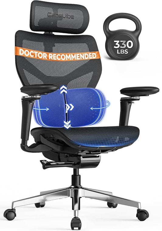 Ergonomic Mesh Office Chair - 10 Hours Comfort Dual Lumbar Support, 330lbs | 630° Armrests, 3D Headrest, Adjustable Seat Depth, Tilt &4- Lock, BIFMA, 5'0"-6'5" Fit, Home & Office Long Work No Back Pain