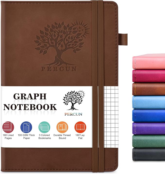 PERCUN A5 Hardcover Graph Paper Notebook, 5.9”x8.5” Leather Journal for Women & Men, 160 Pages Grid Paper Composition Notebook for Work, School, Math, Quad Ruled Writing Journals,Graphing (Brown)