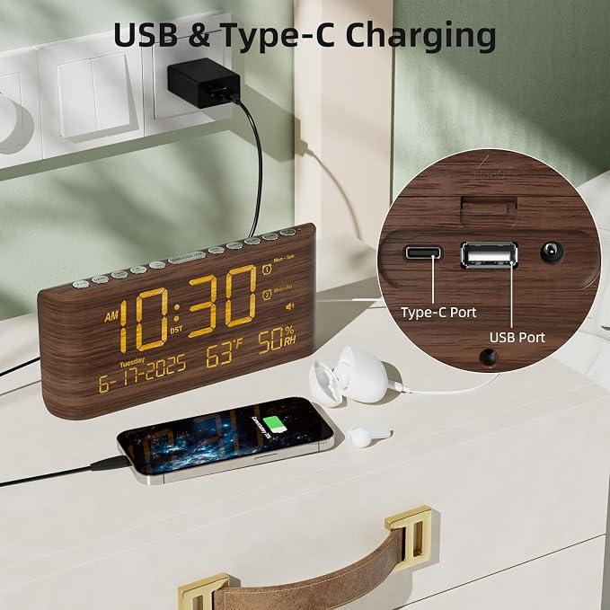 Raynic Digital Alarm Clock, 8.7" Large LED Display, Dual Alarms for Bedroom | USB & Type-C Charging Ports, Temperature & Humidity Display, 5-level Dimmer & Volume, Dark Wood Grain Finish for Home Office
