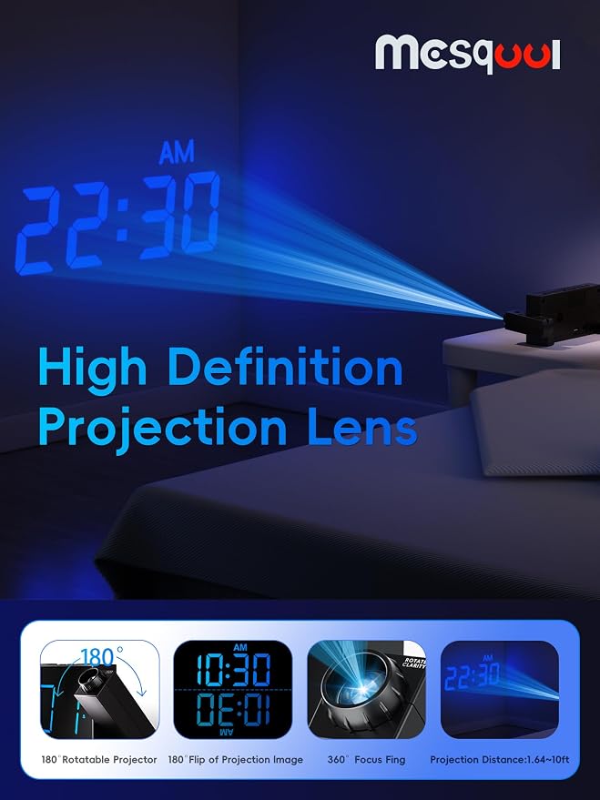 Mesqool Digital Projection Alarm Clock with Dual Alarms, 5 Levels Dimmer | 180° Rotatable Projector,12/24H & DST, Large LED, Snooze, with Battery Backup, Loud Alarm Perfect for Heavy Sleepers