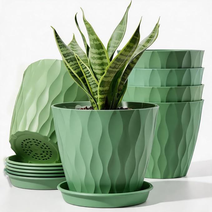 6 Pack Plant Pots with Drainage Holes, 4 Inch Plastic Indoor Flower Pots, Succulent Pots for Orchids, Violets, Succulents, Herbs and Other Small Plant, Dark Green