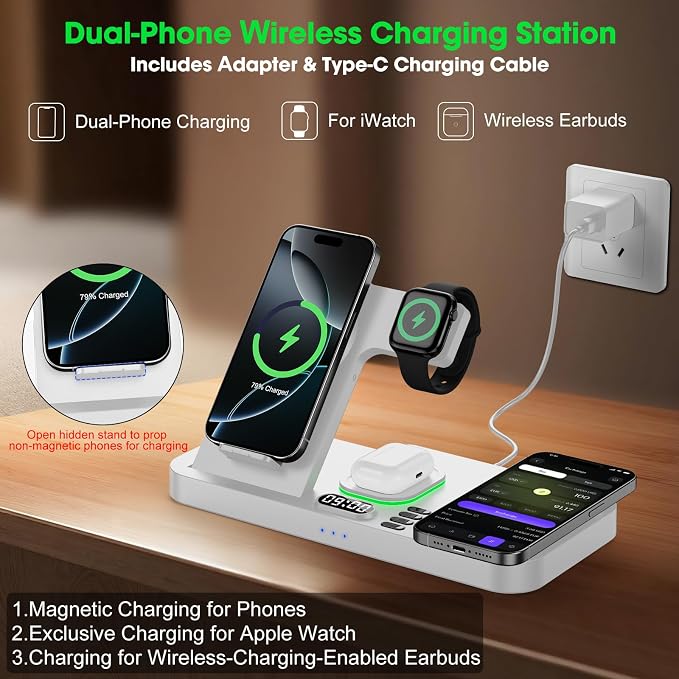 Dual Phone Wireless Charging Station for Apple Devices, Magnetic Charging Station for iPhone with Auto Switch 7-Color Light&Clock, Family Watch Charger for iPhone17 for iWatch11 for AirPods Pro3(White