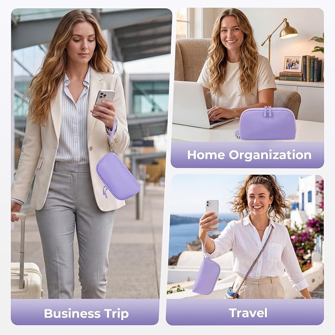 FYY Travel Cable Organizer - 8 Compartments Lightweight Water Resistant Tech Pouch with Wrist Strap, Electronic Accessories Case for Cord Charger Storage for Travel Home Office, Purple (Medium)