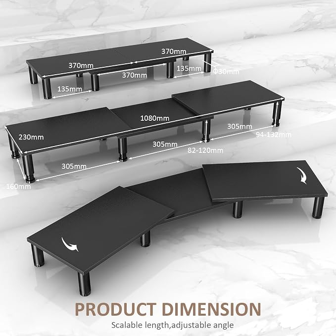 AX WABER Dual Monitor Stand Riser, Monitor Stand with Adjustable Height Steel leg, Wood Monitor Stand for Desk, Monitor Riser for 2 Monitors with Storage Space Black