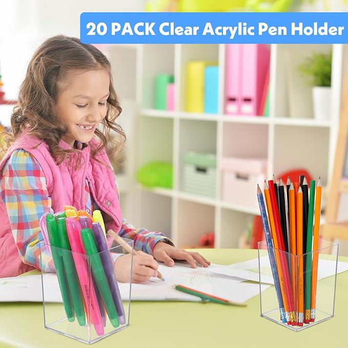 20 Pcs Clear Acrylic Pen Holder for Desk, Makeup Brushes Holders | Modern Organizer Acrylic Pencil Holder Cups Bulk for Classroom School Desk Office Desktop Storage 4"×3"×3"