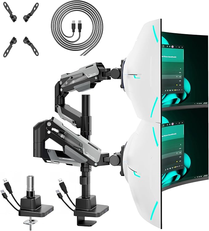 ARES WING Heavy Duty Dual Monitor Mount with USB for 24-57 Inch, Black | Adjustable Stacked Gas Spring Desk Mount for 2 Ultrawide Screens, VESA 75/100/200mm Mount